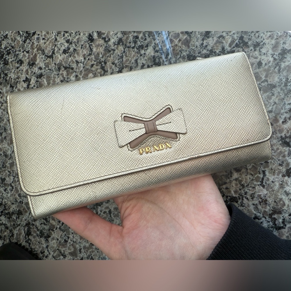 Prada Metallic Gold Saffiano Bow Continental Wallet with Taupe Bow Detail